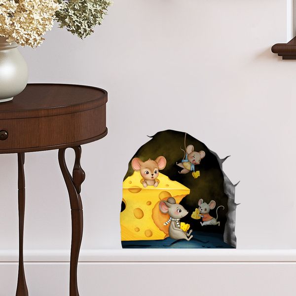 Cartoon Animal Mouse Hole Wall Sticker Camera dei bambini Sfondo Decorazione della casa Murale Soggiorno Carta da parati Decalcomania divertente