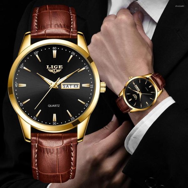Armbanduhren LIGE Herrenuhr Mode Lederuhren Wasserdicht Leuchtende Woche Datum Top Quarz Armbanduhr Relogio Masculino Box