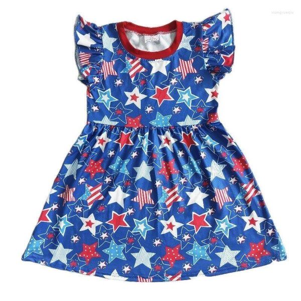 Vestidos para meninas 4 de julho verão moda infantil vestido giratório por atacado tanque bebê manga curta estrelas roupas azuis crianças roupas infantis