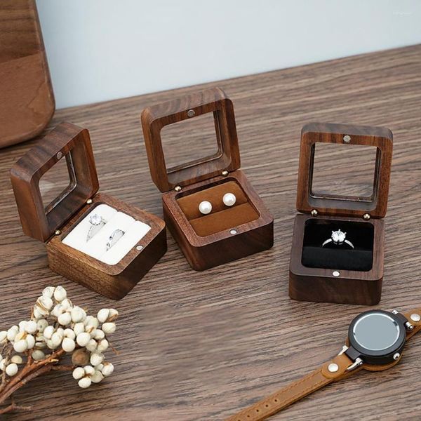 Sacchetti per gioielli Scatola per orecchini Anello Quadrato Legno portatile Design vintage per matrimoni