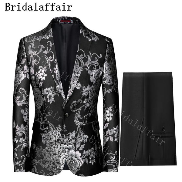 Blazer Bridalaffair Nero Argento Modello Uomo Abiti da festa Stage Singer Hombre Casual Slim Fit Giacca floreale Pantaloni neri Abito da ballo Tuxed