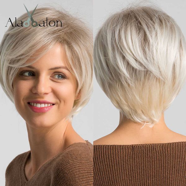 Кружевные парики Alan Eaton Blonde Short Pixie Cut Синтетический парик для женщин омбр -платиновые блондинки парики с челками ежедневно/вечеринка с теплостойкими волосами Z0613