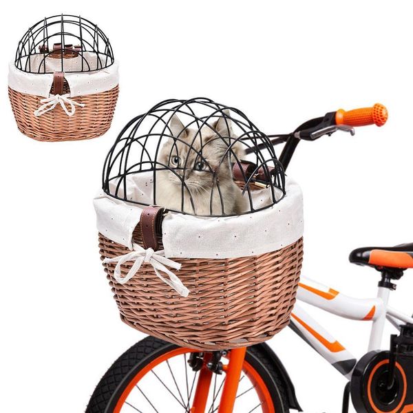 Carrinhos de transporte para animais de estimação cesta de bicicleta de vime frente guiador montar cesta cesta de animal de estimação cão gato transportadora handtecido rattan suporte de armazenamento de bicicleta