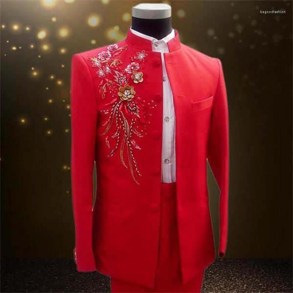 Herrenanzüge Chorus Mariage Chinesische Tunika Anzug Herren Bräutigam Hochzeit Für Männer Blazer Jungen Abschlussball Neueste Mantel-Hose-Designs Stehkragen