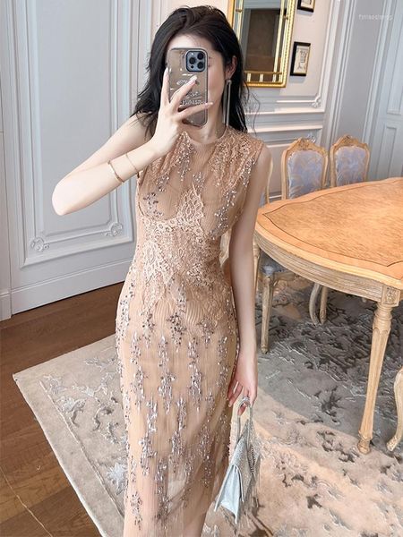 Повседневные платья роскошные вечерние миди -платье для женщины 2023 французский стиль сексуальные блестящие блески чистая сетчатая сетка
