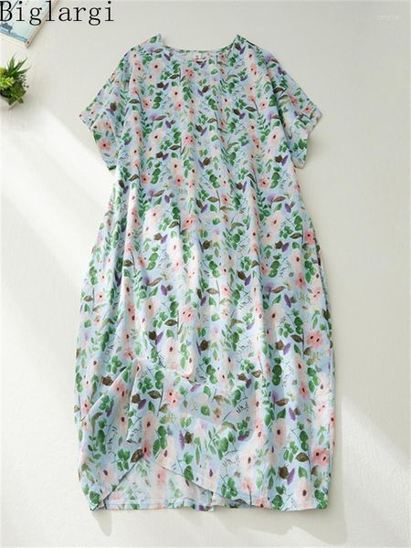 Plus Size Kleider Sommer Baumwolle Leinen Vintage Blumenkleid Casual Pullover Damen Damen Print Frau Lose Midi 5XL