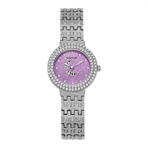 Relógios de pulso de luxo com diamantes para mulheres pulseira de aço de quartzo com temperamento de strass feminino lua estrela relógio feminino