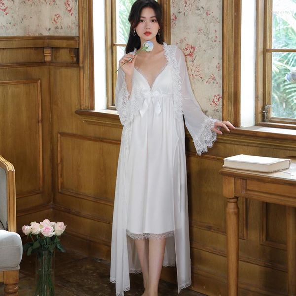 Roupa de dormir feminina Conjunto de robe de renda sexy Camisola com sutiã embutido Fada Branco Preto Vestido de noite longo Vestido de noite feminino Nighty Princess Conjunto de roupa de dormir