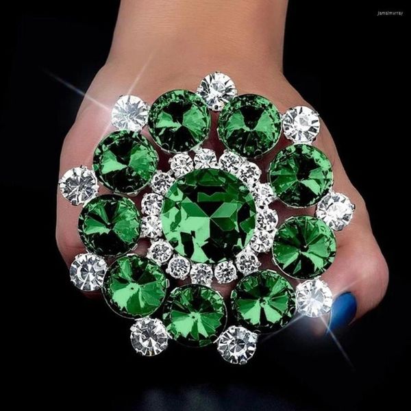 Alianças de casamento verde cintilante com strass grande redondo ajustável com punho aberto joias para mulheres anel de dedo geométrico cristal