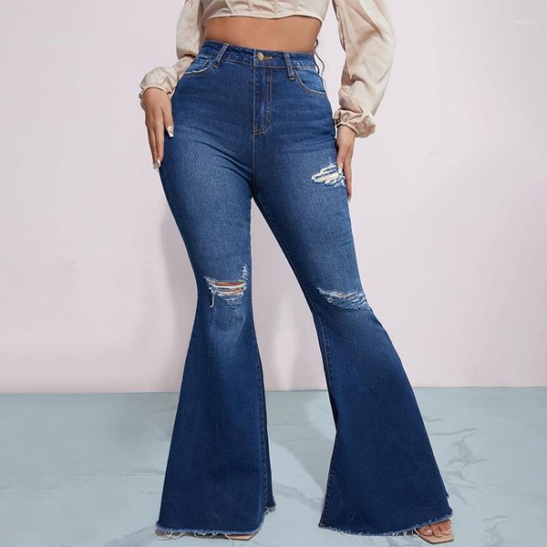 Jeans da donna Pantaloni a zampa Streetwear Casual strappati Sexy Skinny 2023 Pantaloni in denim Retro blu a vita alta Donna Flare