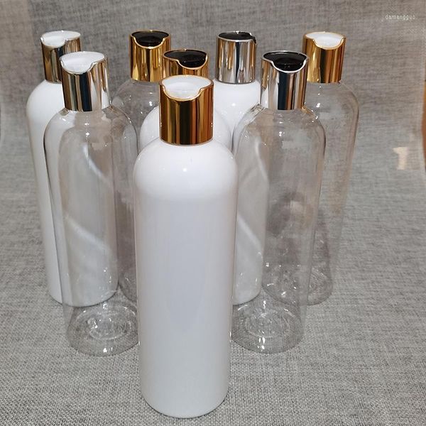 Vorratsflaschen 18 Stück 400 ml weiße, klare, schwarze, leere Plastik-Shampoo-Flasche mit gold-silberner Scheibenoberkappe 400 cc PET-Körperwäsche