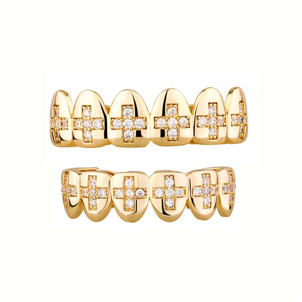 Novo Hip Hop 6Tooth Grillz Amarelo Branco Banhado a Ouro Bling CZ Cross Teeth Grillz Dental Grillz Jóias de Halloween Presente para Rapper masculino