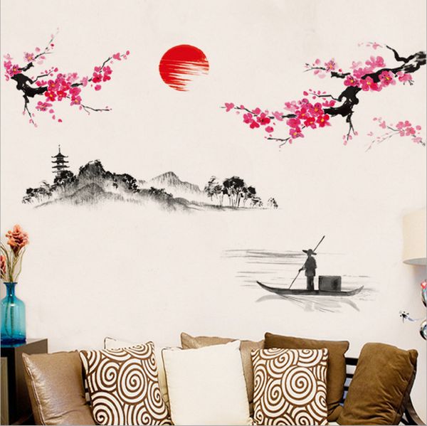 Estilo chinês sakura japonês flor de cerejeira decoração de árvore mural decalques adesivo de parede pôster decoração de papel de parede.