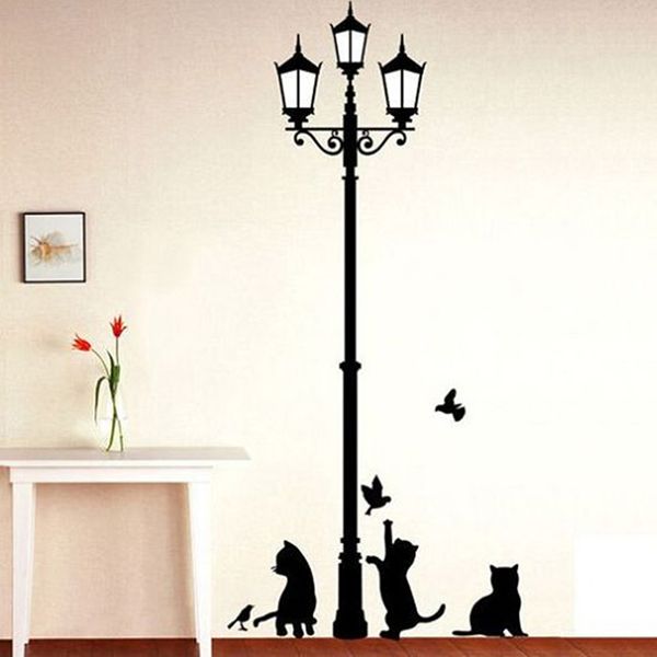 Creativo fai da te popolare lampada antica gatti e uccelli adesivo da parete cartone animato murale decorazioni per la casa camera bambini decalcomanie carta da parati