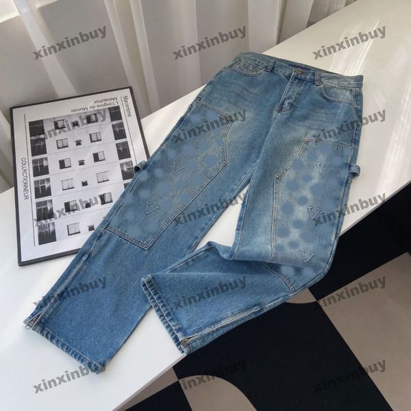 xinxinbuy Homens mulheres calças de grife em relevo letra denim jeans com zíper bainhas bolso destruído primavera verão calças casuais azul M-2XL