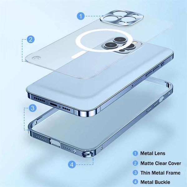 Custodie magnetiche in metallo Telaio in lega di alluminio per custodia per telefono di ricarica wireless per iPhone 14 13 12 11 Pro Mini Max opaco traslucido