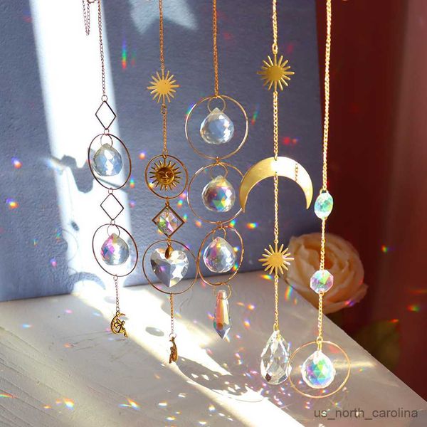 Decorazioni da giardino Sun Light Crystal Wind Chime Star Moon Sole placcato Perline colorate Hanging Drop Outdoor Garden Windchimes R230613