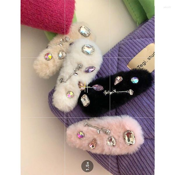 Fermagli per capelli in peluche con strass in pietra preziosa rosa per accessori per ragazze Corea INS dolce dolce copricapo tiara regalo di gioielli di moda