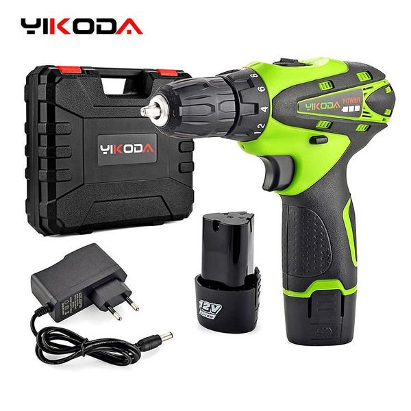 Boormachine YIKODA 12V 16.8V 21V Trapano avvitatore a batteria elettrico Batteria ricaricabile agli ioni di litio Due velocità Driver fai da te Utensili elettrici