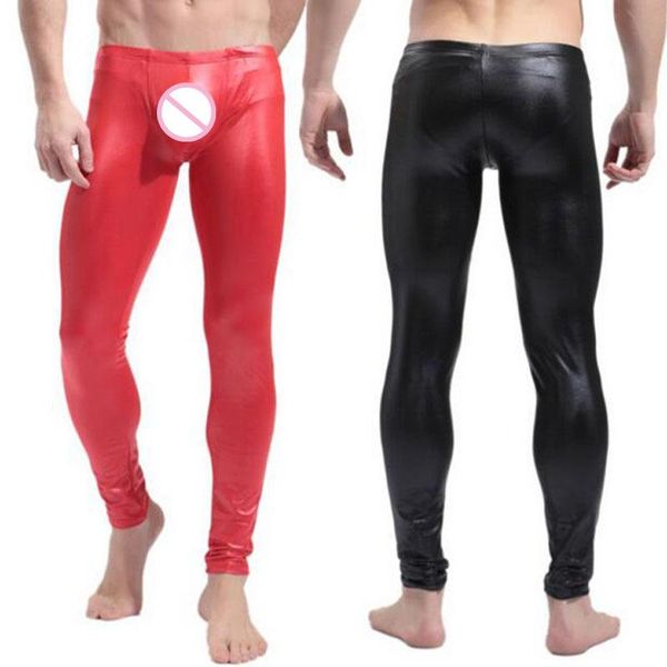 Calças de qualidade masculina preta/vermelha de couro magro de couro magro de couro magro alongamento de leggings homens sexy clubwearwear calça