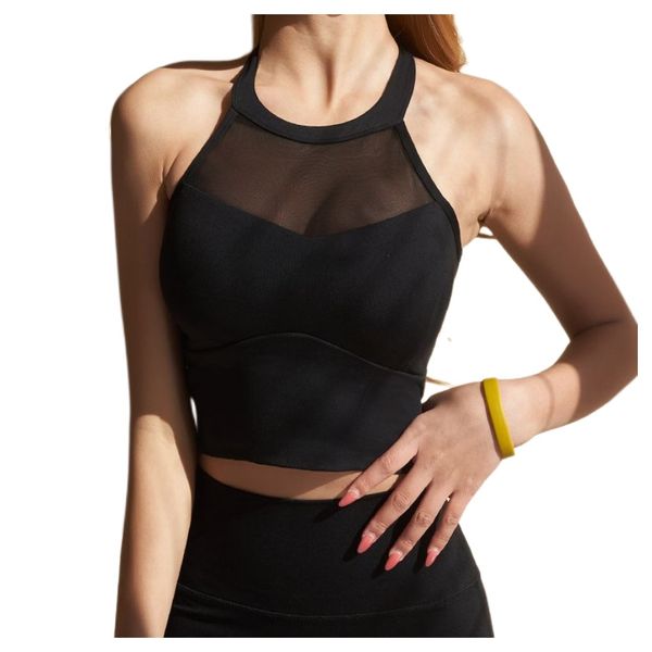 Damen Sexy Neckholder gepolsterte Gaze gepatcht Perspektive Sport Yoga Aktiv Unterwäsche Tank Tops SML