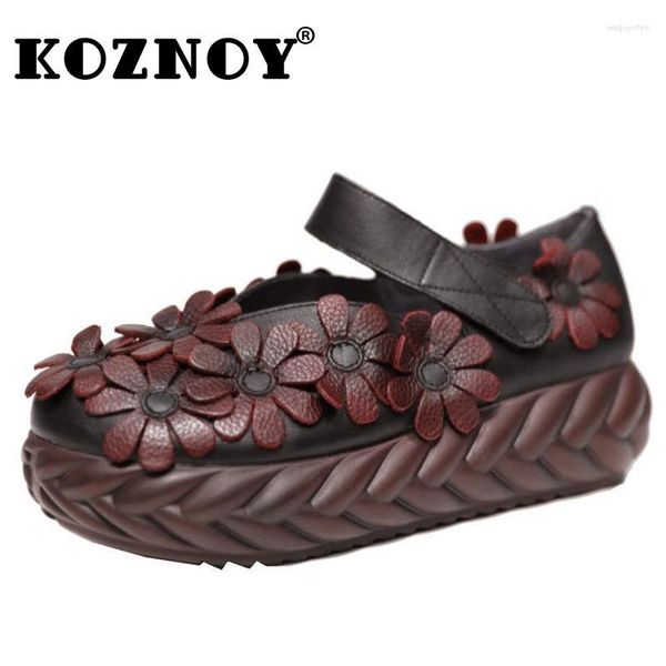 Scarpe eleganti Koznoy Vera pelle Donna di lusso Pompa 5cm Zeppa Décolleté Etnica Gancio manuale Fiore Mucca Summer Fashion Platform Ladies