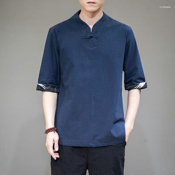 Etnik Giyim Erkekler Düz Renkli Tişörtler Vintage 2023 Moda Adam Çin tarzı Pamuk Keten Kısa Kollu T-Shirt Üst Sokak Giyim Camisa