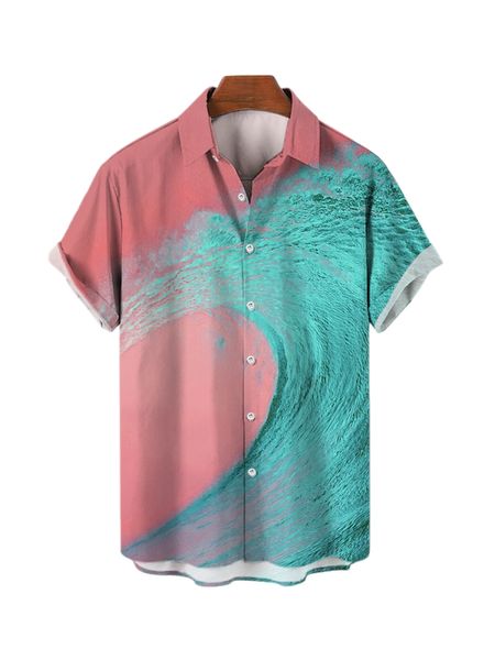 Camisa havaiana masculina oversized de verão Beach Wind Harajuku Anime Wave Pattern Mangas curtas Luxo Dazn Roupas masculinas