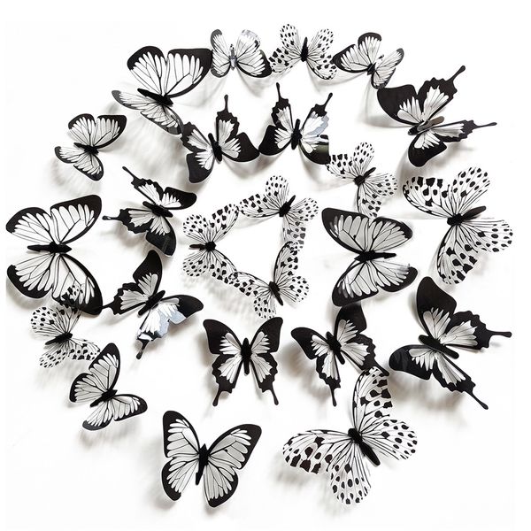 24 Teile/satz Schwarz Weiß 3D Schmetterling Wand Aufkleber Hochzeit Dekoration Schlafzimmer Wohnzimmer Home Decor Schmetterlinge Aufkleber Aufkleber