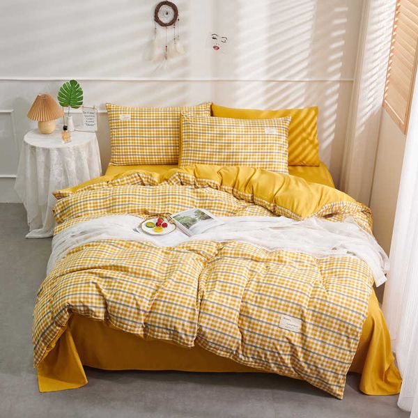 Conjuntos de cama 2023 Moda Conjunto de cama de casal amarelo Lençóis de cama nórdico Capa de edredom Queen Size Lençol plano ic Grid Crianças Adulto Z0612