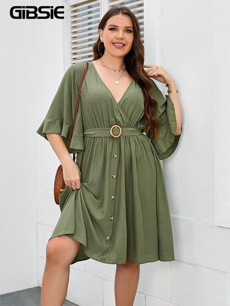 T-shirt Gibsie Plus Size Cotta Collo Mezza manica Solido con cintura Abito da donna Boho Tie Back Casual Aline Button Abiti midi estivi 2022