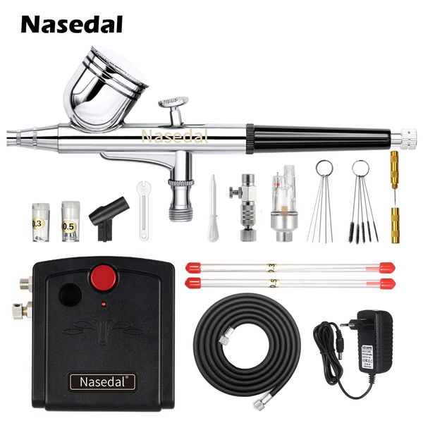 Airbrush Tattoo Supplies Nasedal NT-19 Dual-Action Airbrush Kompressor Kit 0,3 mm Airbrush Spritzpistole für Nagel Airbrush Modell Kuchen Auto Fisch Schuhe Malerei 230612