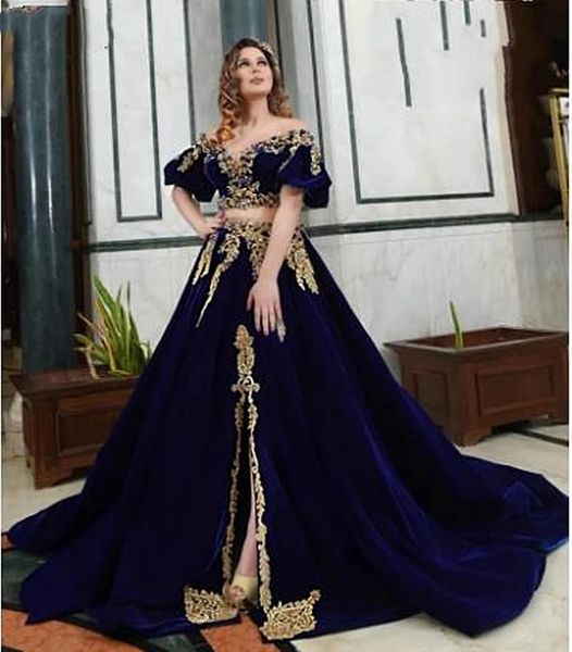 Индийские две части Королевские синие выпускные платья с оборками от плечевого бархатного кружевного аппликации Kaftan Arabic Dubai Вечернее платье