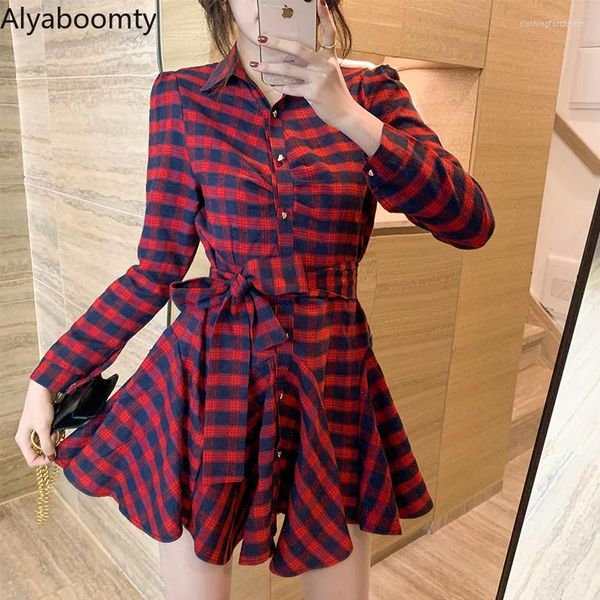 Lässige Kleider Preppy Style Herbst Frühling Damen Mini A-Linie Kleid Umlegekragen Rot Kariertes Hemd Elegante Schärpen Rüschen Feminin