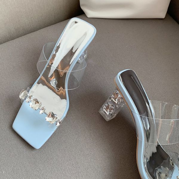 Liyke Verão Azul Sapatos Femininos Ao Ar Livre Moda Chinelos Cristal Diamante PVC Transparente Salto Transparente Bico Quadrado Sandálias Deslizantes