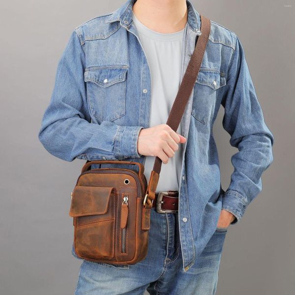 Bolsas Duffel Crazy Horse Couro Ombro Para Homens Bolsa Tiracolo My Order Carregamento USB Mensageiro Bolsas Masculinas