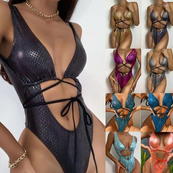 Damen-Bademode, einteiliger Bikini-Badeanzug, sexy ärmellos, rückenfrei, Schnürung, Pailletten, Leder, mit Kissen-Set