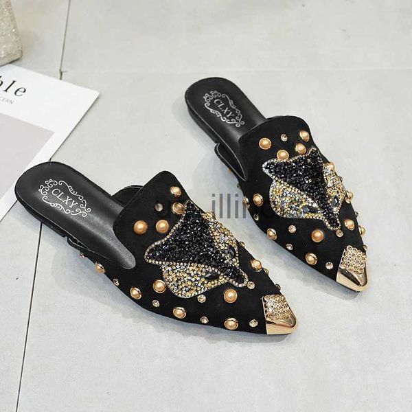 Chinelos Femininos Chinelos Moda Sapatos Femininos Sem Caixão Bijuteria Pontiagudo Strass Sapatos Femininos Slip-On Mules Mocassim Sandálias Slides Sapatos Femininos J230613