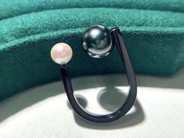 Cluster Rings Elegantes 6-10mm South Sea Round White Black Pearl Ring 925s Sterling Silver 925 Wedding Jewelry