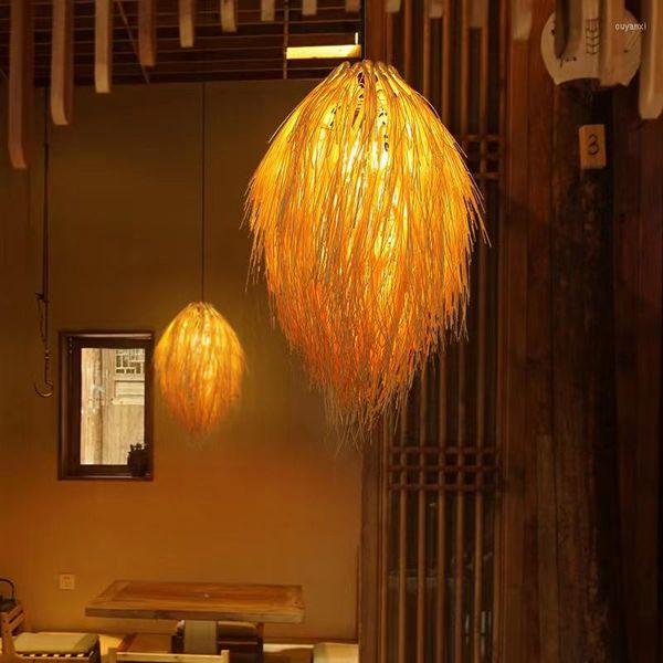 Lampade a sospensione Pigna Nappa Lampadario in bambù Sala da tè Salotto Rattan naturale El Ristorante Decorazioni per la casa Droplight Art Lampada a sospensione