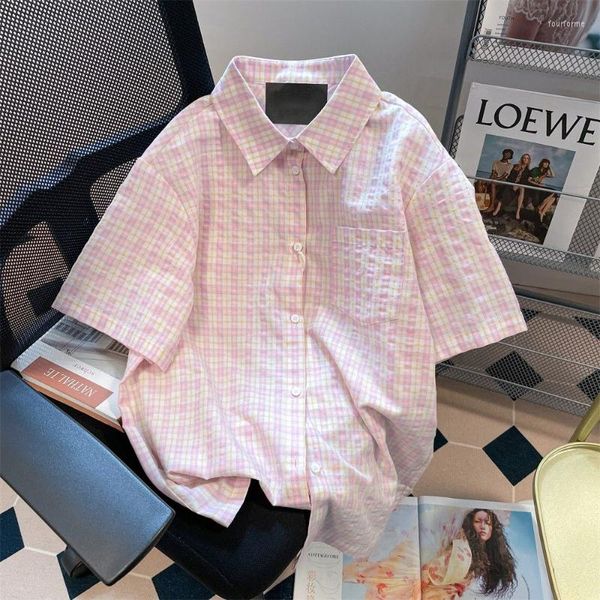Frauenblusen Ebaihui Frauen Sommer karierte Hemden rosa Plaid japanischer Freizeitbluse Single Breace Girly Sweety Short Sleeve Shirt