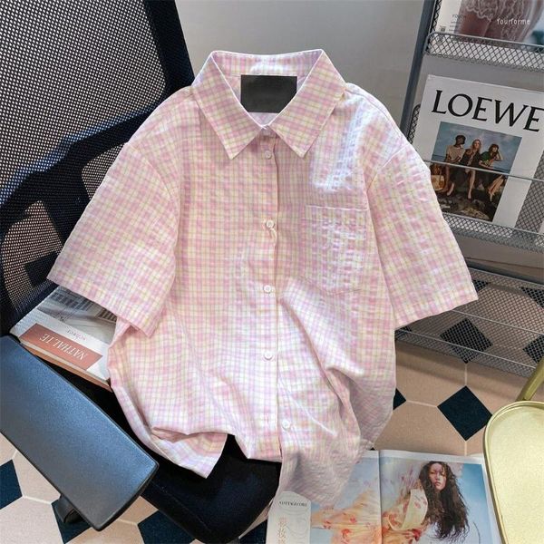 Camicette da donna Ebaihui Donne camicie a scacchi estivi a scacchi rosa abbigliamento giapponese abbigliamento casual camicetta singola petto girly girly sweety maniche corta camicia