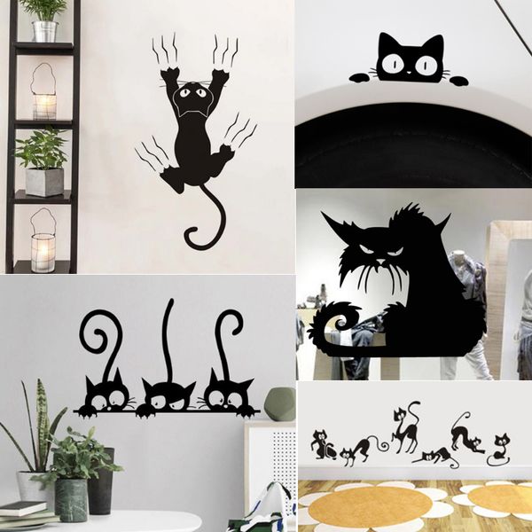 Adesivo de parede criativo preguiçoso gato preto casa quarto decoração murais arte papel de parede amimais vinil