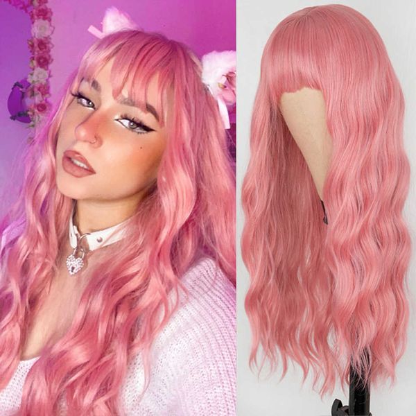 Lace Wigs peruca sintética longa mistura rosa perucas femininas com franja resistente ao calor Kinky encaracolado laranja perucas douradas para mulheres afro-americanas Z0613