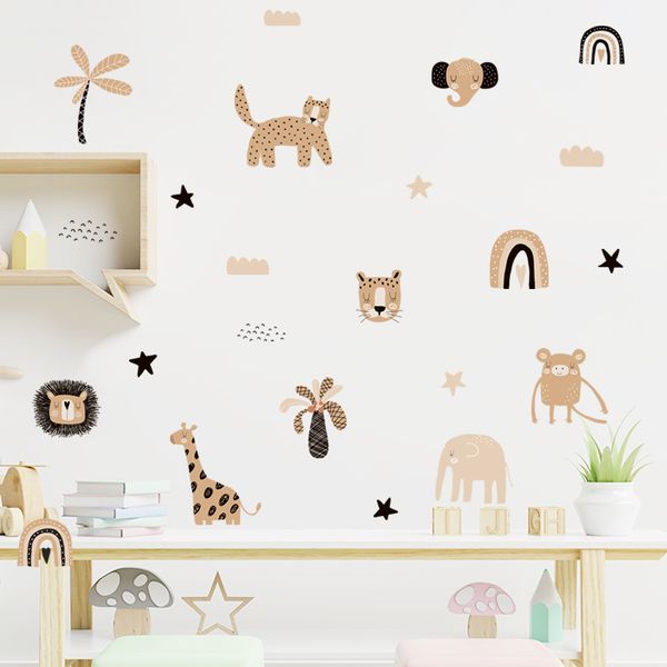 Boho Cartoon Cute Rainbow Safari Animals Star Nursery Wall Decals Art Posters Gifts Kids Room Girls Bedroom Sticker Home Decor