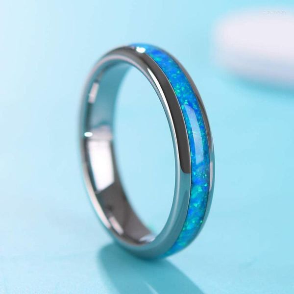 Alianças de casamento moda 4 mm aço inoxidável anel fino homens senhoras vermelho azul fogo conjunto de opala jóias de noivado de luxo