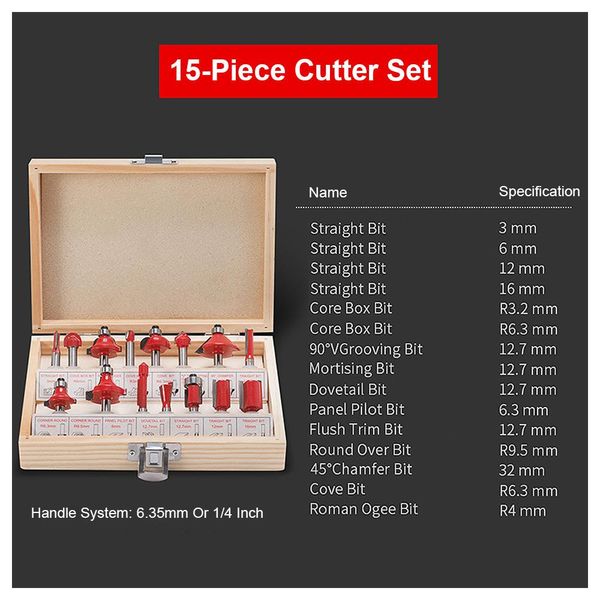 Hamer 15 pçs/set Carpintaria Fresas 1/4 ''/8mmShank Carboneto Liga Router Bit Para Cortador De Madeira Ferramentas De Corte De Gravura