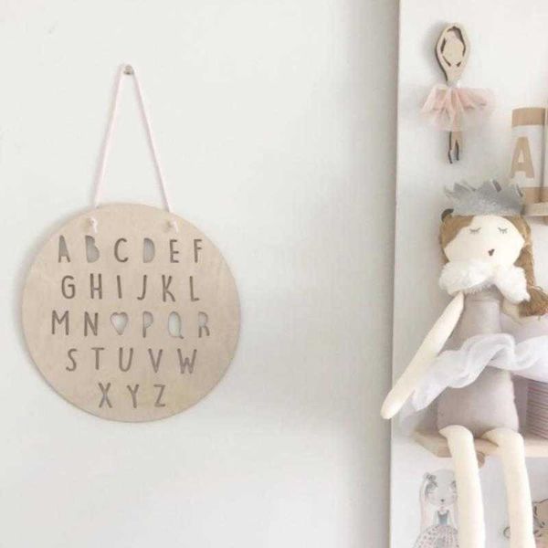 Decorazioni da giardino Nordico da appendere alla parete per bambini, rotondo, lettera dell'alfabeto, ornamenti in trucioli di legno, per camera da letto, ufficio, scuola