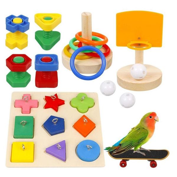 Brinquedos 5 pçs conjunto de brinquedos de treinamento de pássaros incluem bloco de madeira quebra-cabeça brinquedo basquete empilhamento anéis skate porcas e parafusos brinquedos para papagaio