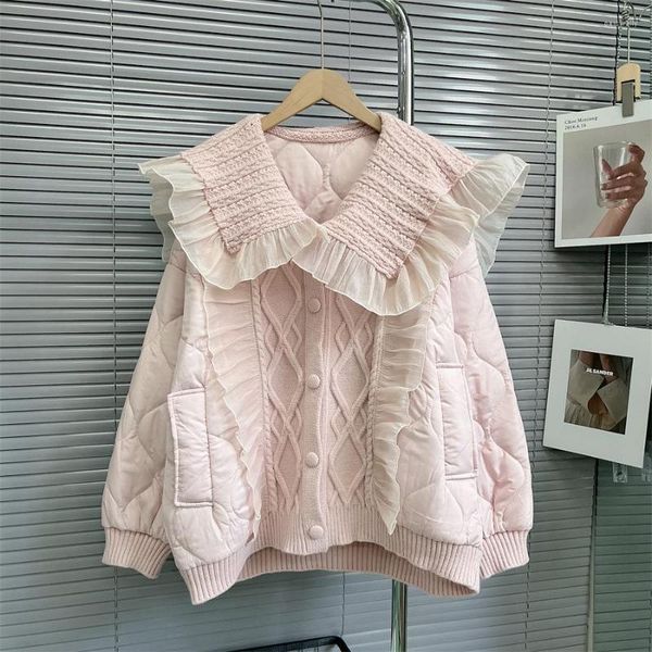 Damen-Strick, Korea-Version, gestrickt, getäfelte Baumwolle, gepolstert, rosa, locker, süß, Herbst-Winter-Frauen-Pullover, Jacke, warme Strickjacken, Mantel